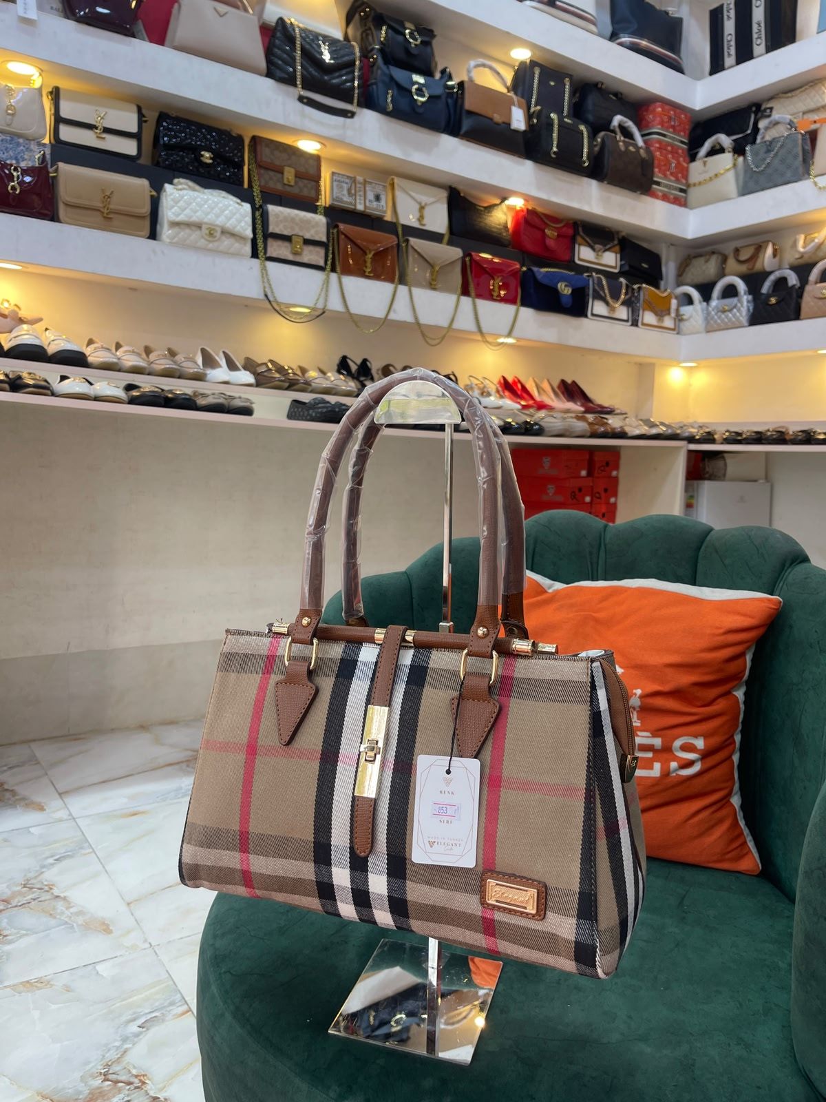 Elegant Plaid Boston Bag with Brown Leather Trim
