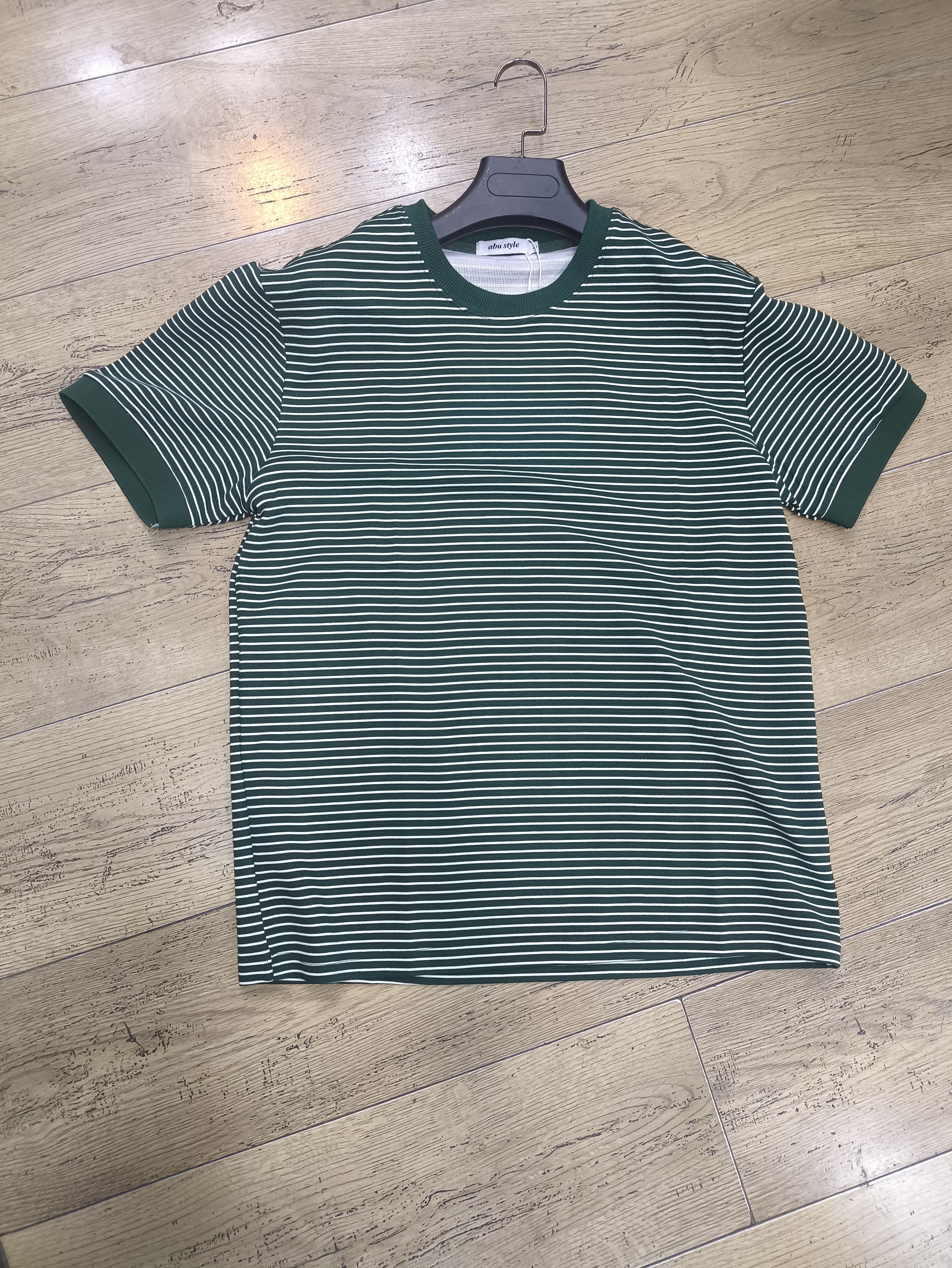 Green and White Horizontal Striped Short Sleeve Crew Neck T-Shirt