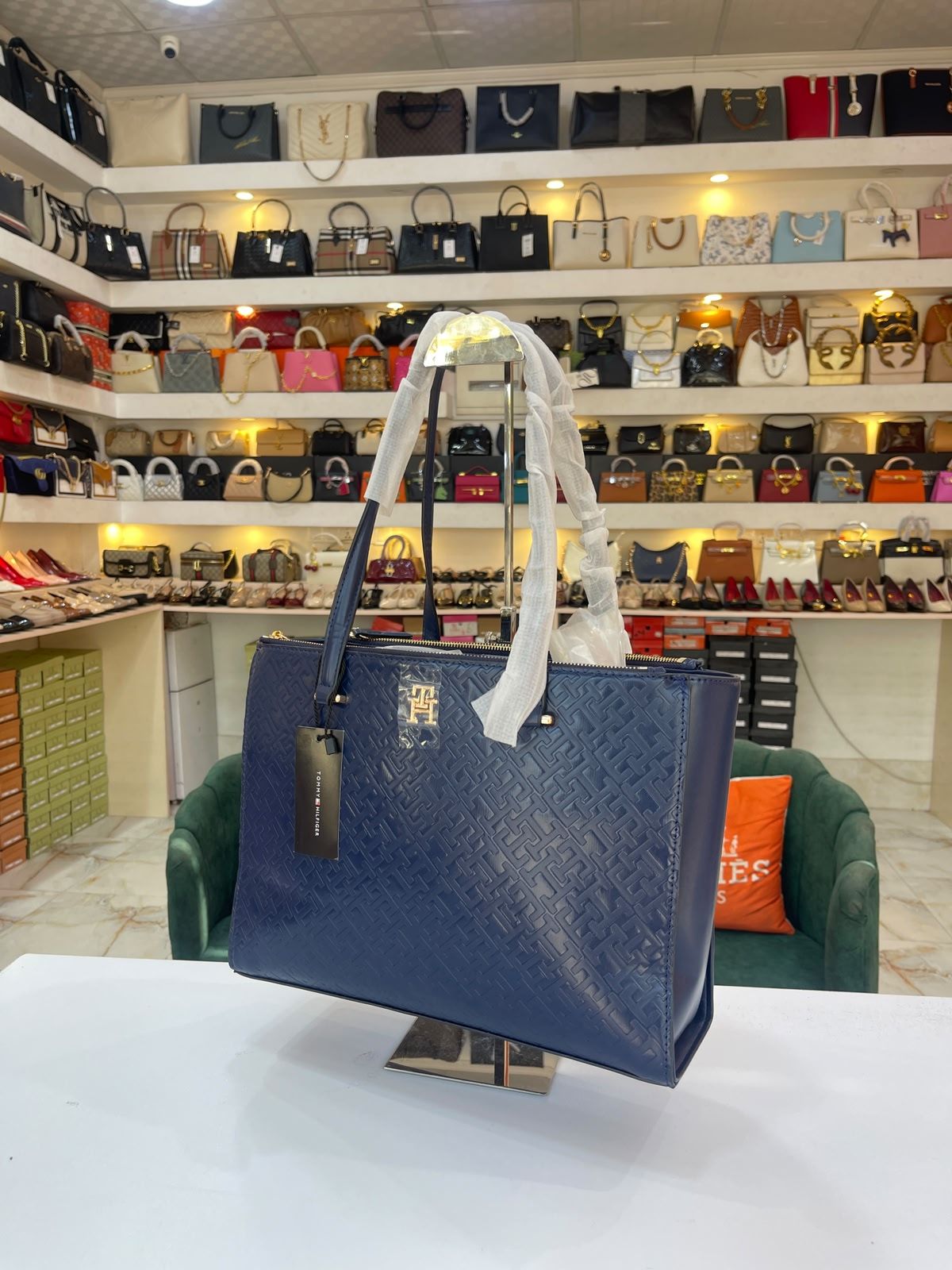 Tommy Hilfiger Navy Blue Embossed Monogram Tote Bag