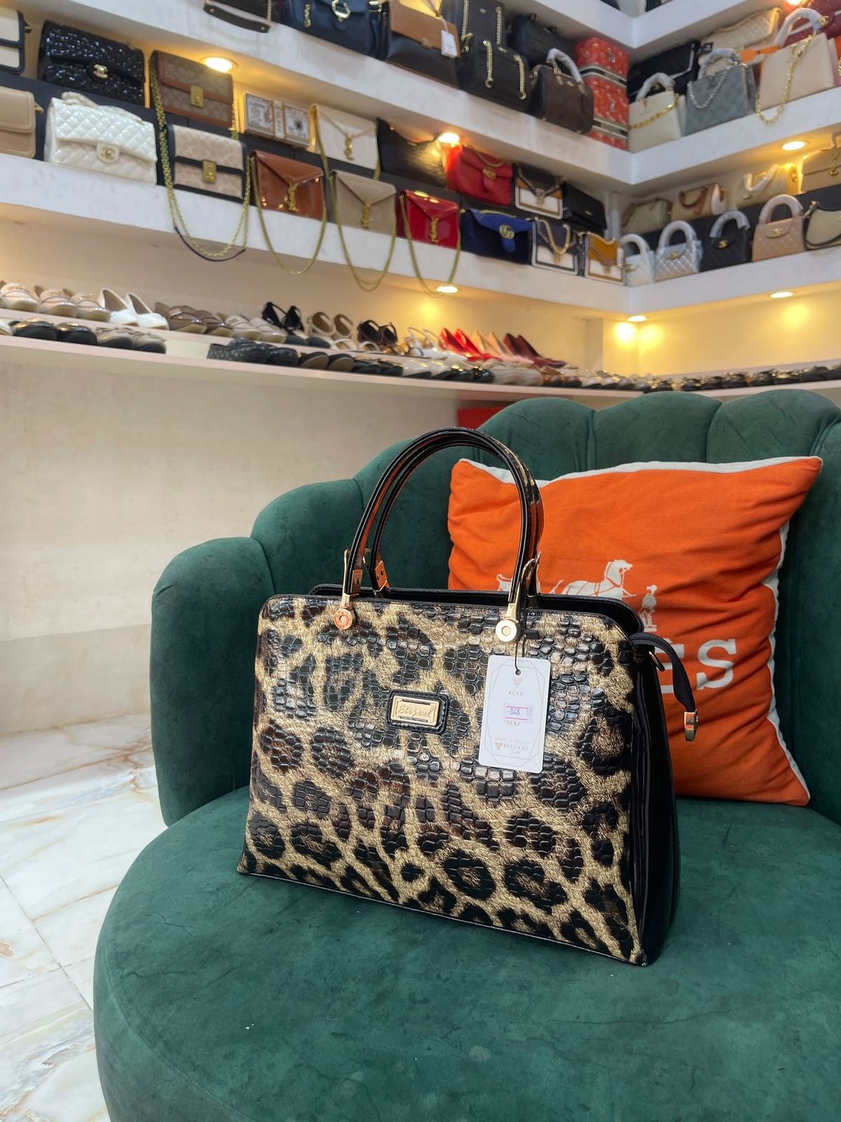 Elegant Leopard Print Structured Tote With Patent Handles