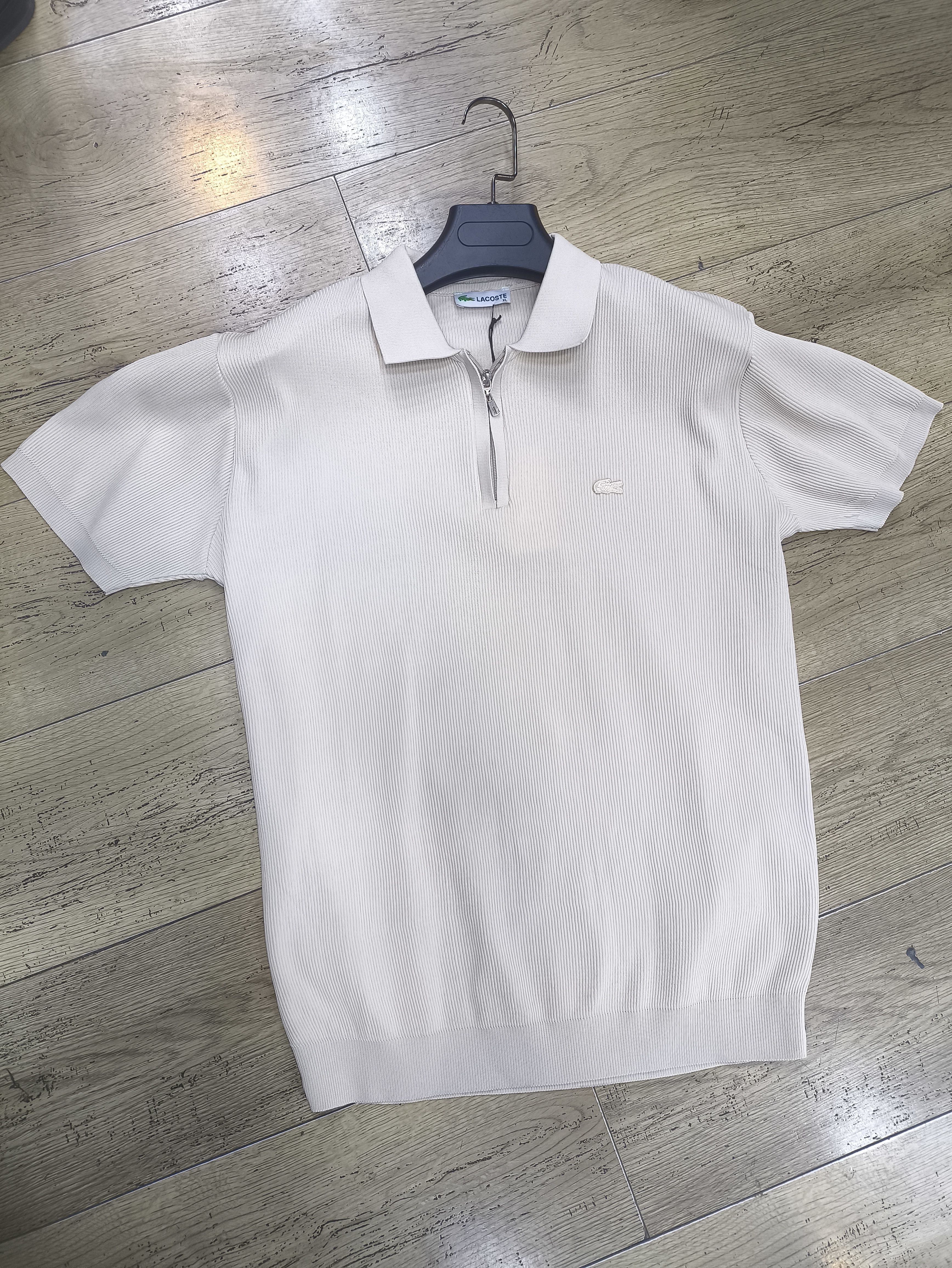 Lacoste White Ribbed Zip Polo Knit Top