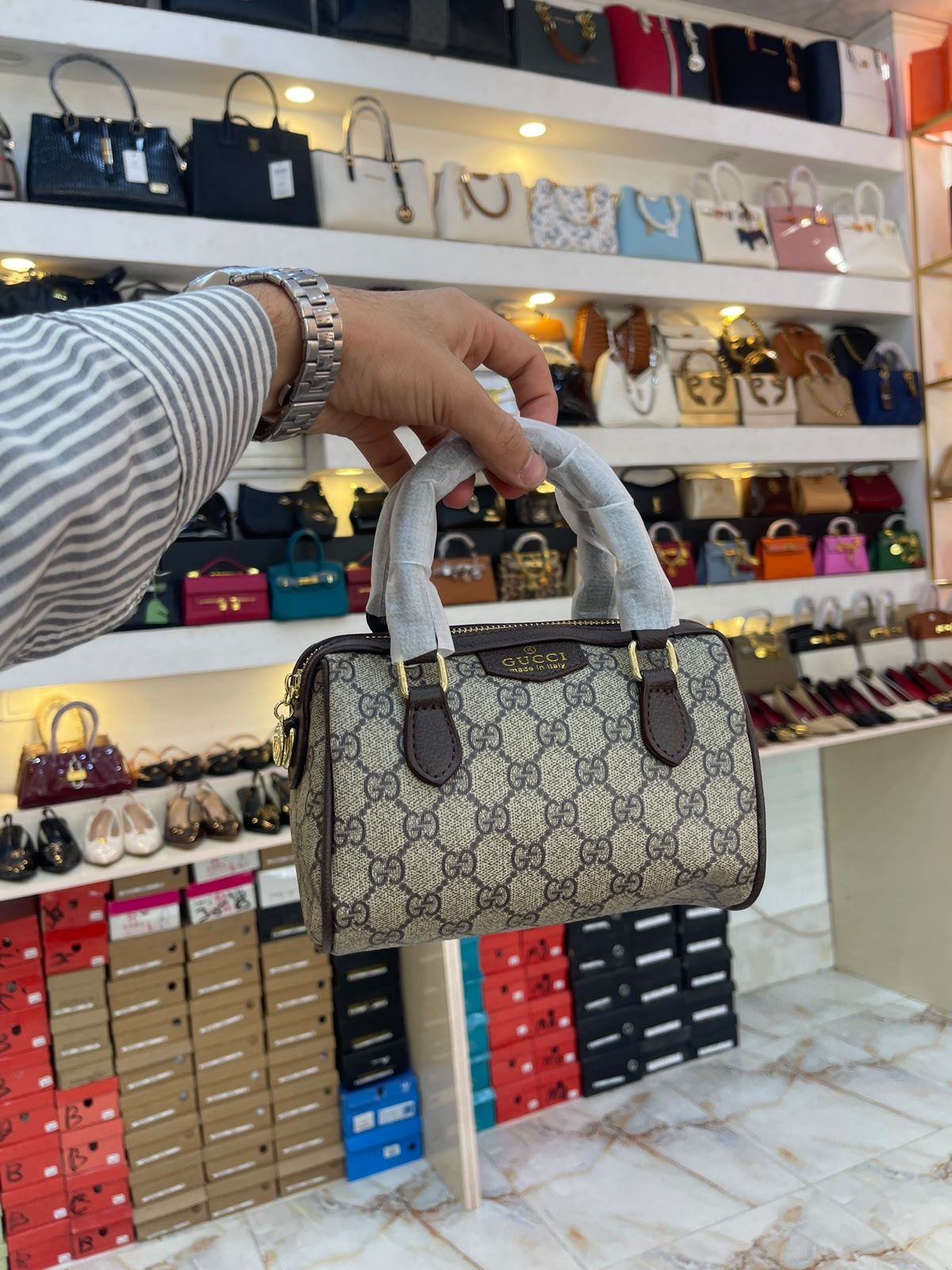 Gucci Beige GG Monogram Boston Bag With Brown Leather Trim