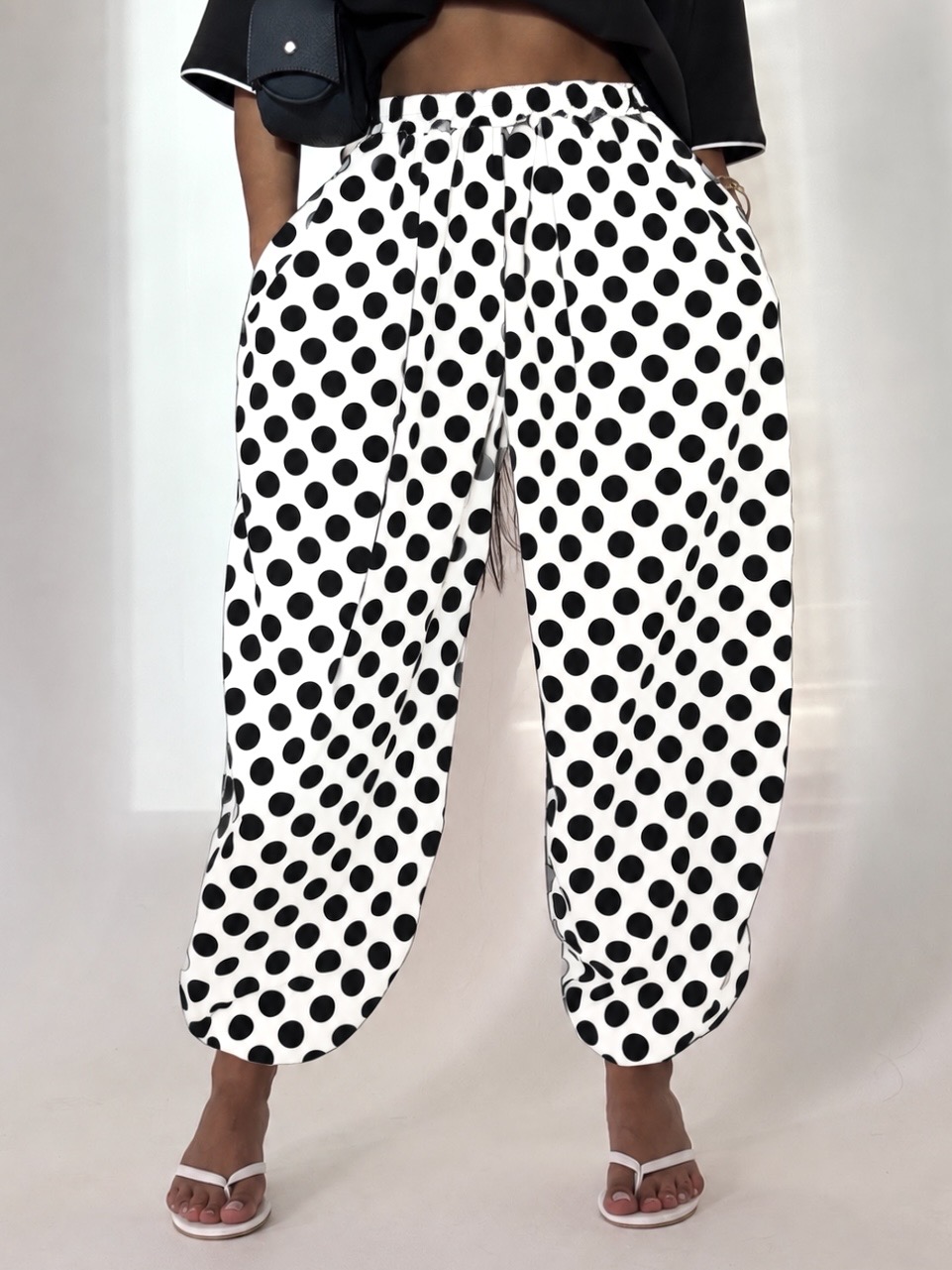 Women's Polka-Dot Cropped-Leg Pants, Crepe, 2 Colors, Free Size, Everyday Casual