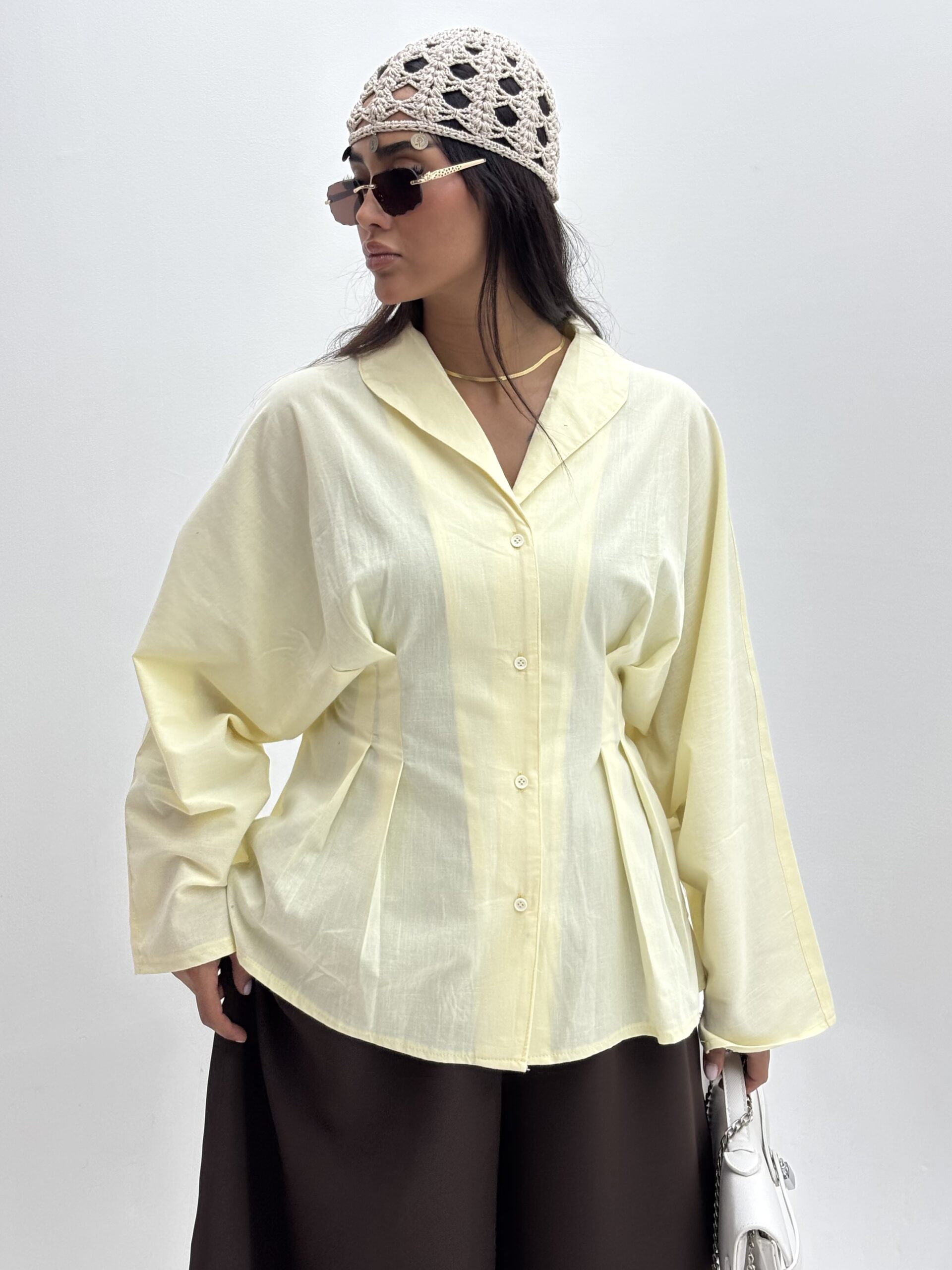 Women's Pleated-Waist Arshal-Collar Blouse, Linen, 5 Colors, Free Size, Smart-Casual