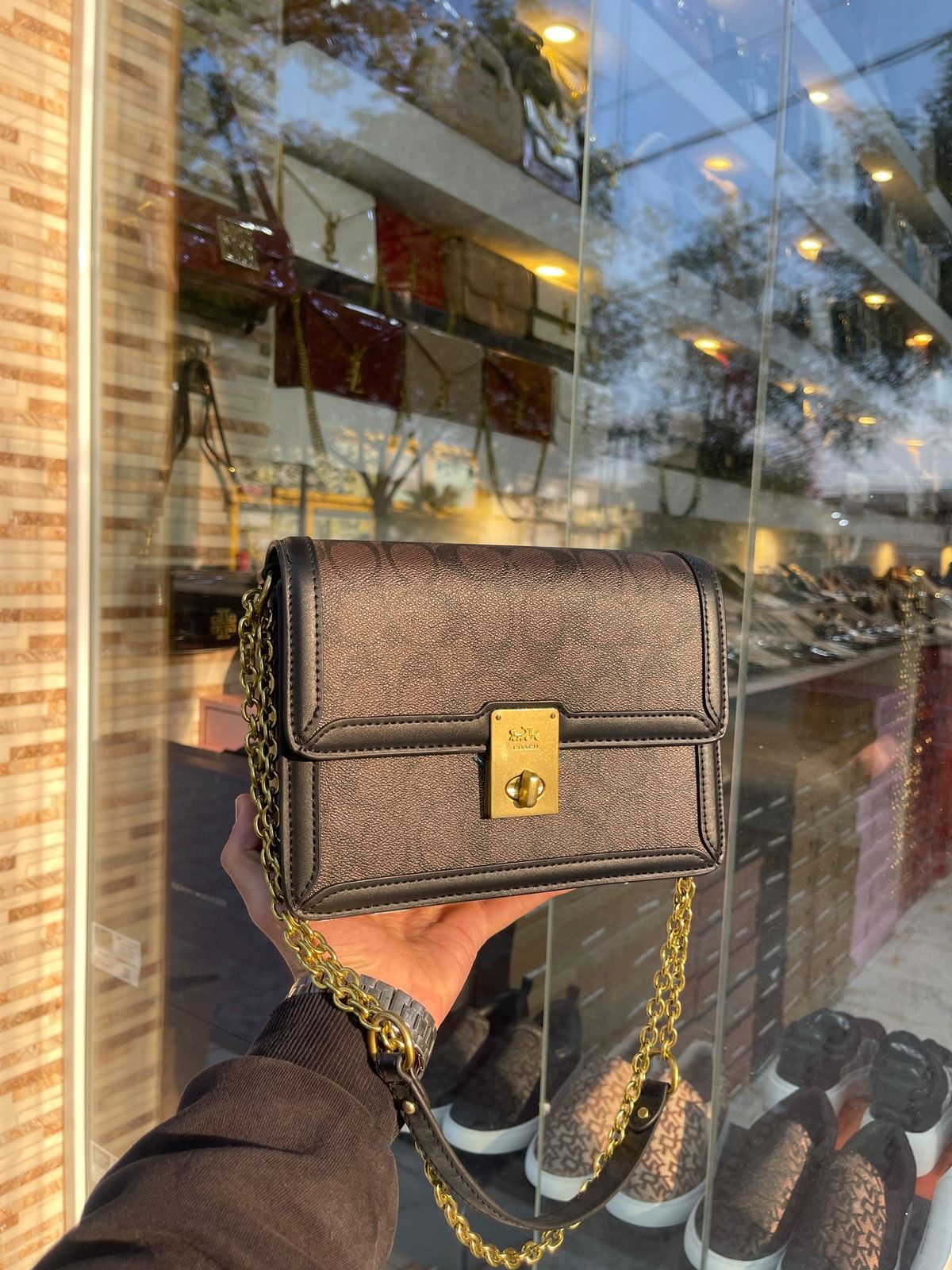 Coach Dark Brown Monogram Crossbody Bag With Gold Chain Strap