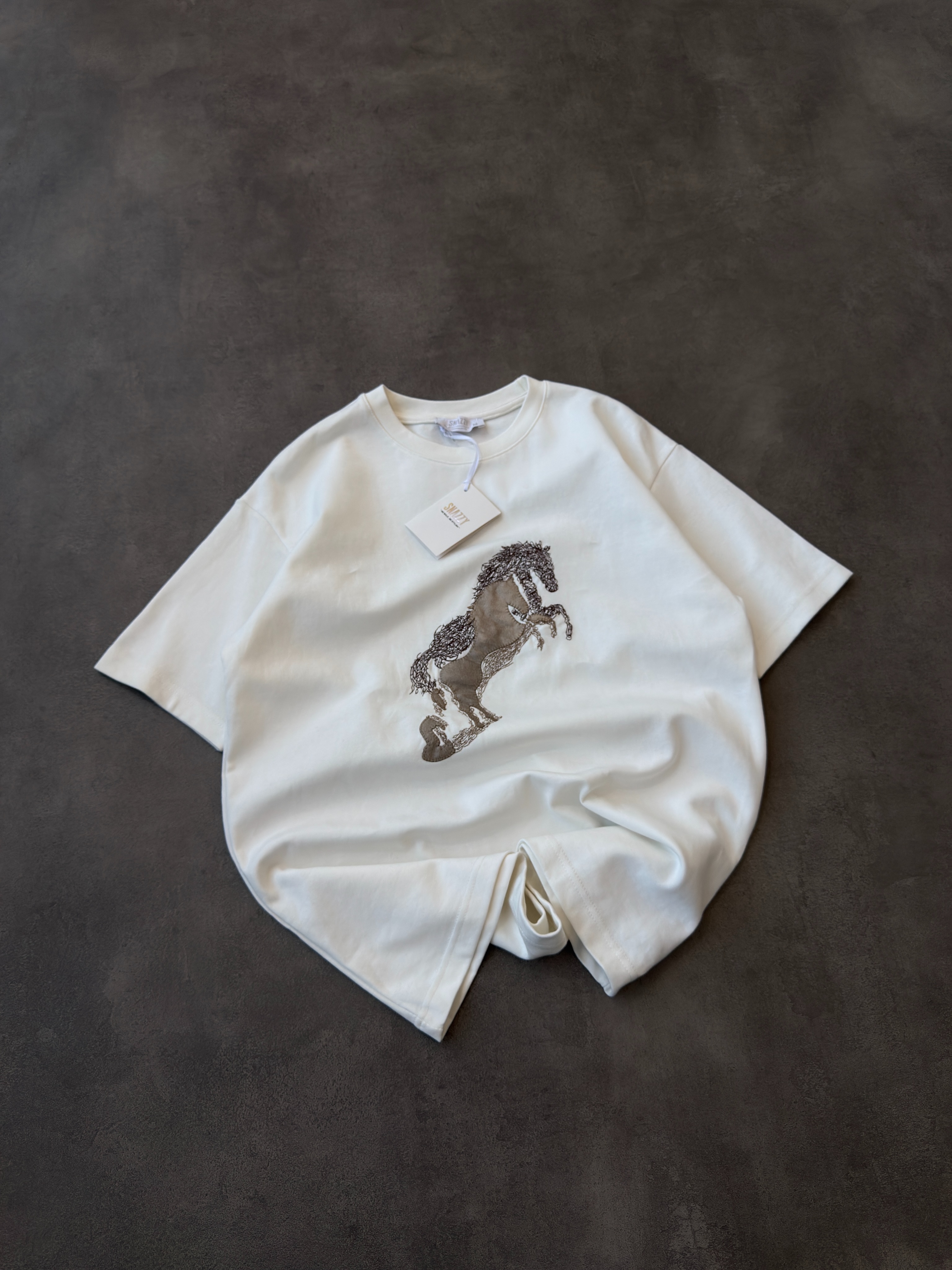 Oversized Embroidered Horse Graphic Tee, White, Sizes S-XXL