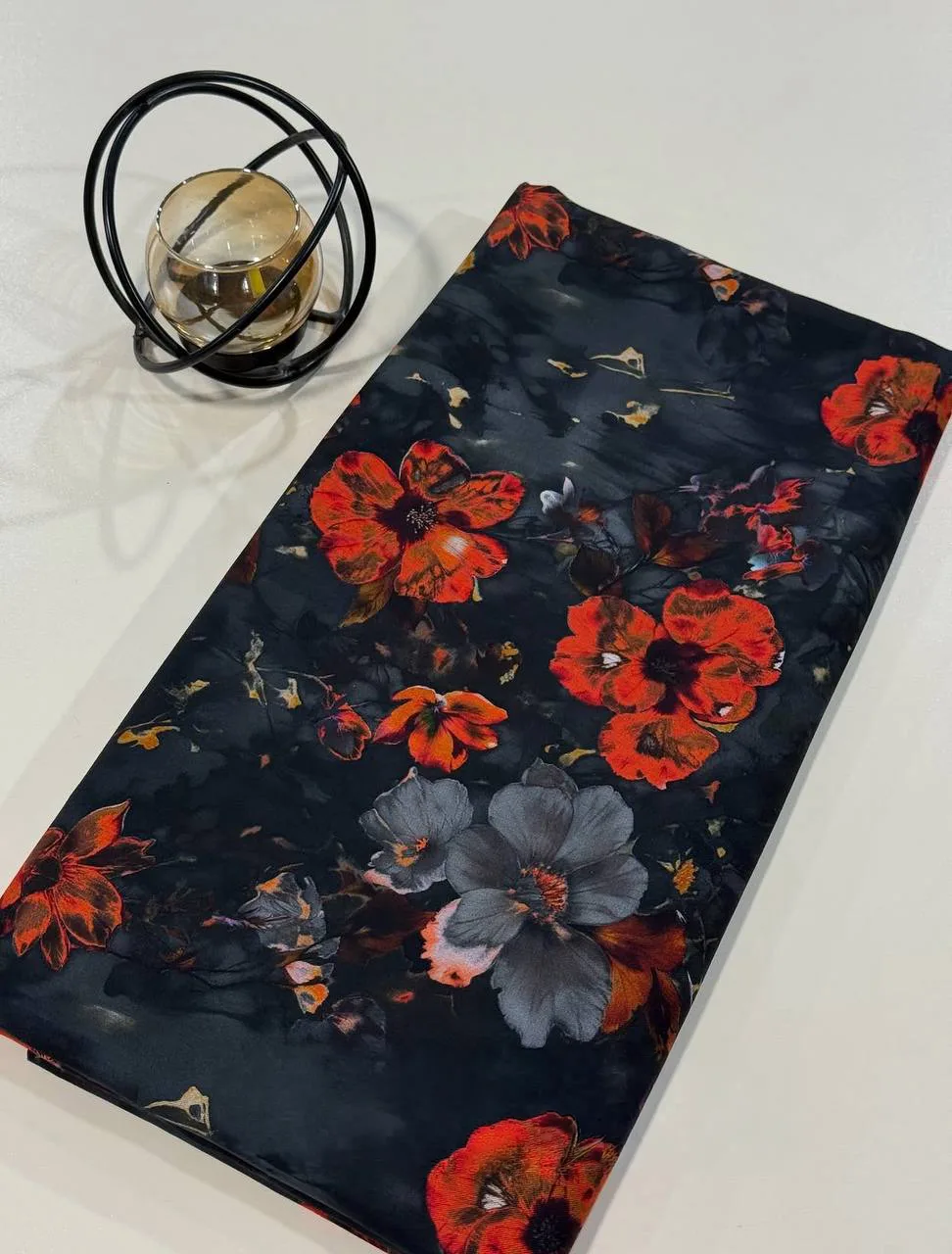 Stretch cashmere fabric for women clothes - Black with Orange & Grey Floral