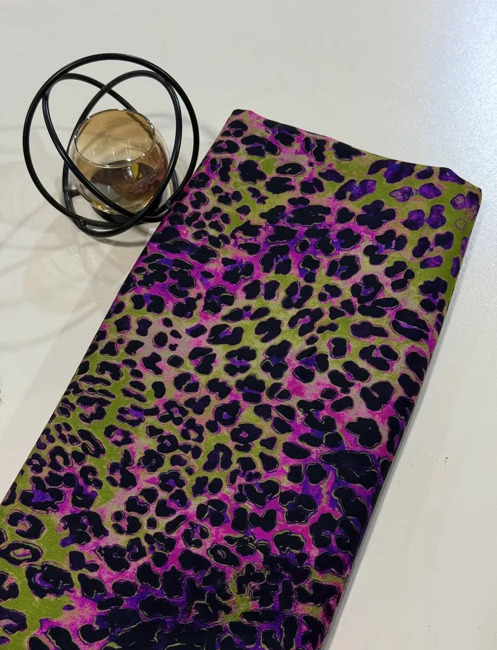 Stretch cashmere fabric for women clothes - Green & Pink Leopard Print