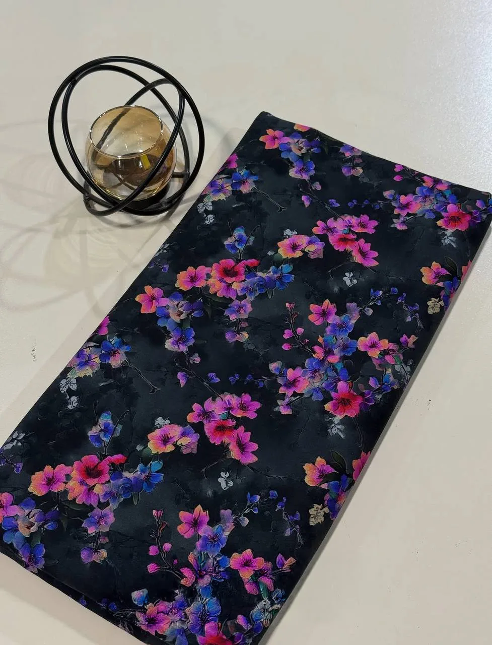 Stretch cashmere fabric for women clothes - Black with Pink & Blue Floral