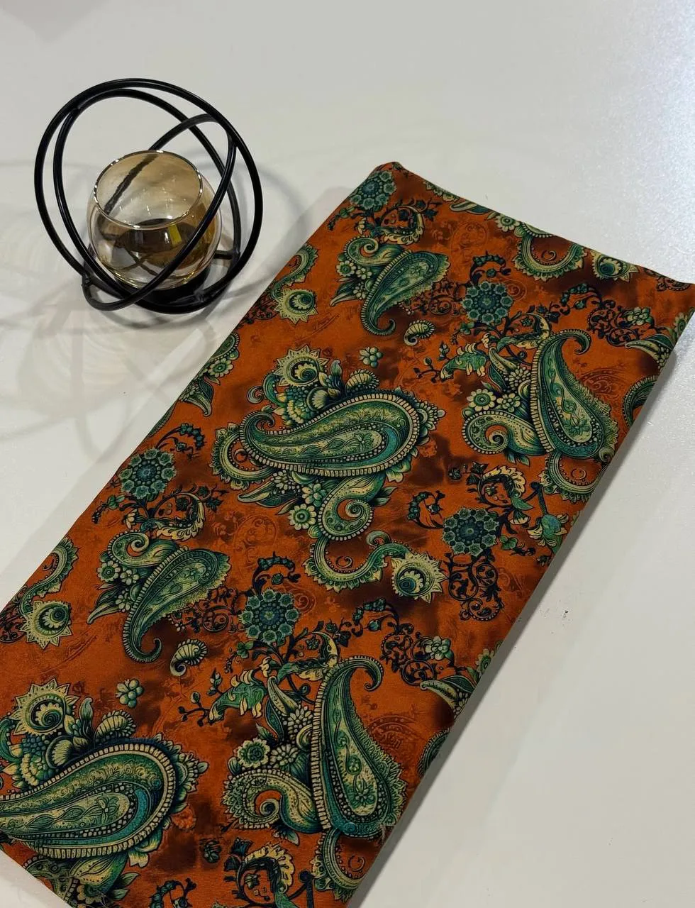 Stretch cashmere fabric for women clothes - Rust & Green Paisley