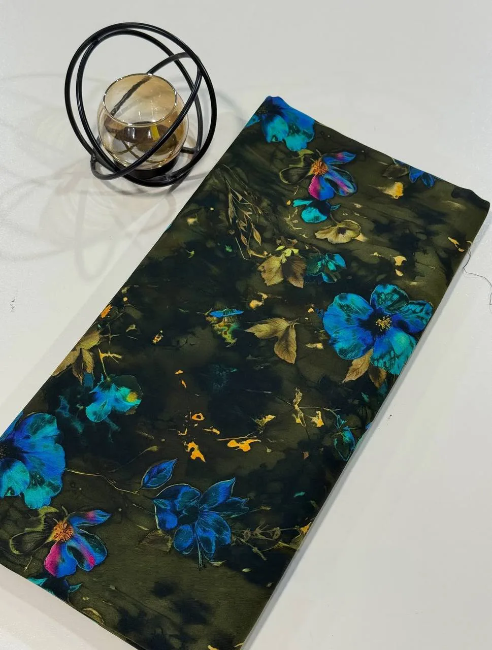 Stretch cashmere fabric for women clothes - Dark Green with Blue Floral