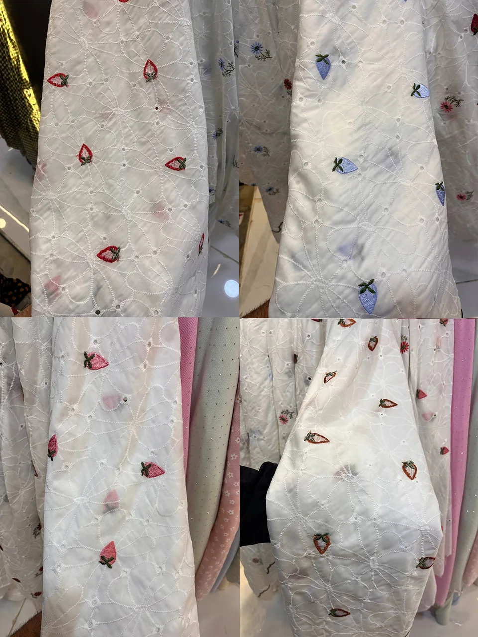 vesto fabric for kid clothes - White Embroidered Strawberry & Blueberry